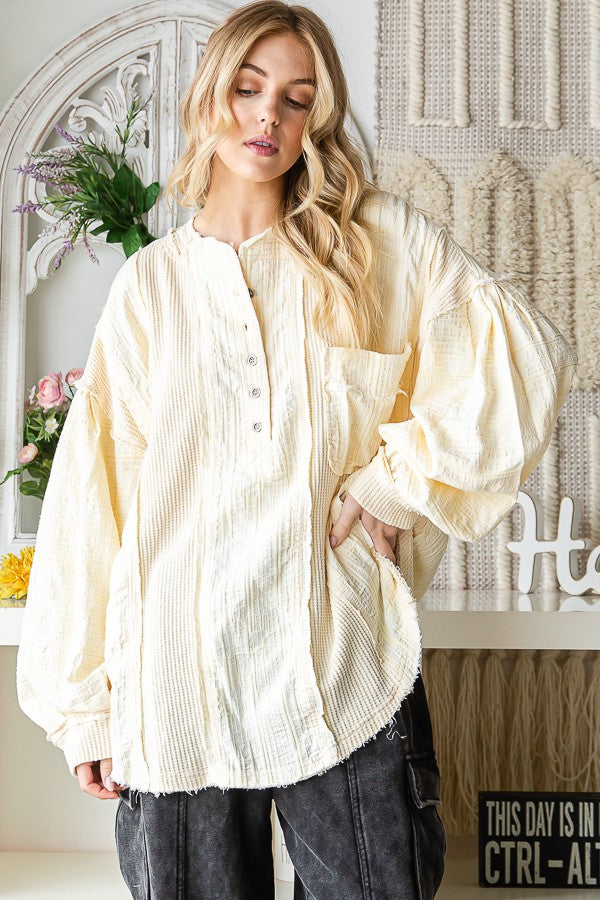 Oli & Hali Washed Fabric Mix Mandarin Collar Top