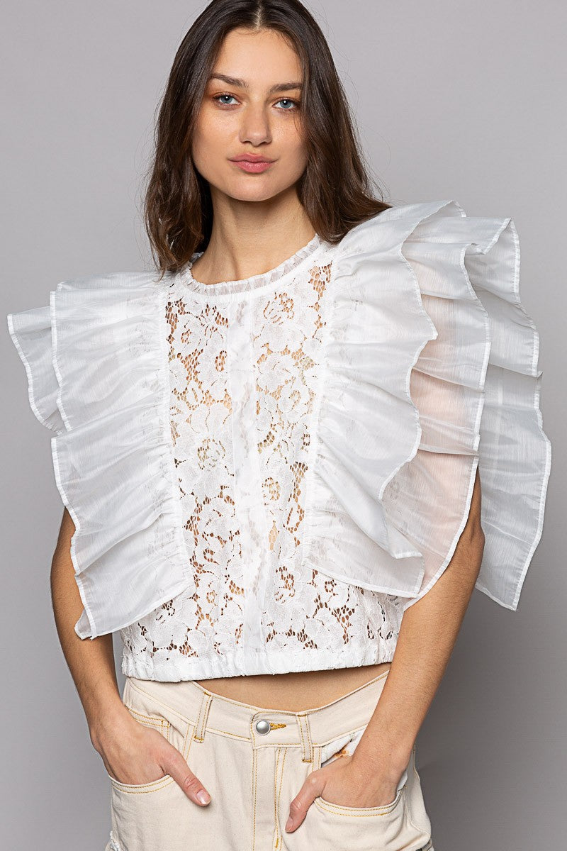 POL Sleeveless Round Neck Chiffon Ruffle Lace Top
