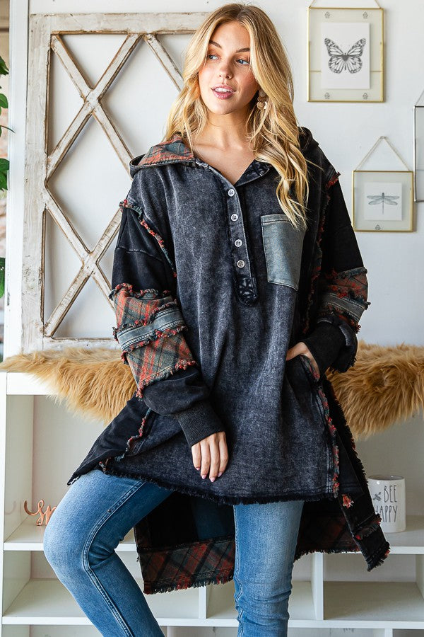 Oli & Hali Washed Fabric Mixed Oversized With Hoodie Top