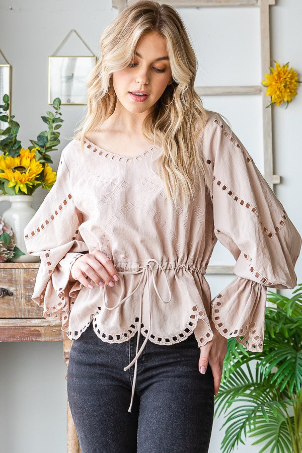 Oli & Hali Embroidered Washed Scallop Edge Top