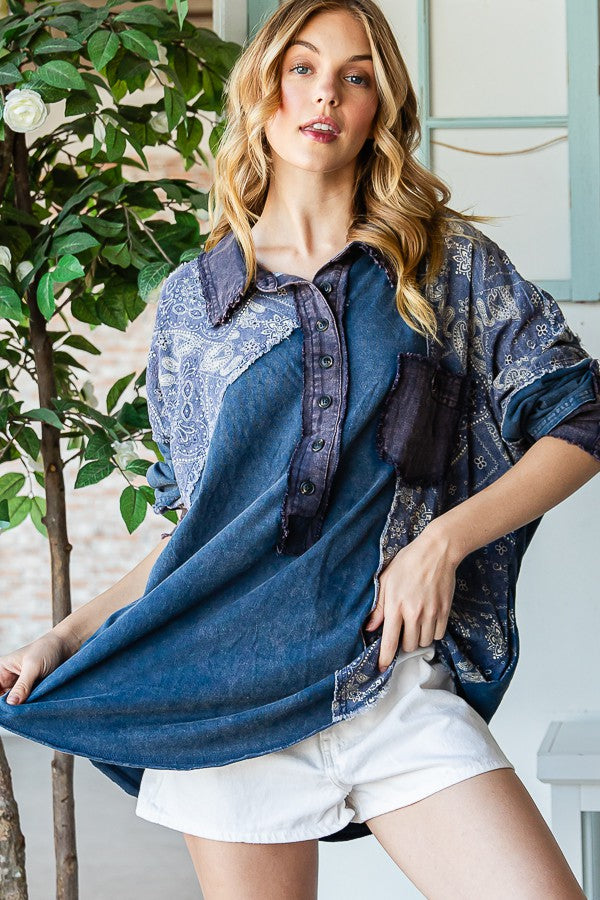 Oli & Hali Washed Fabric Mixed Long Sleeve Top