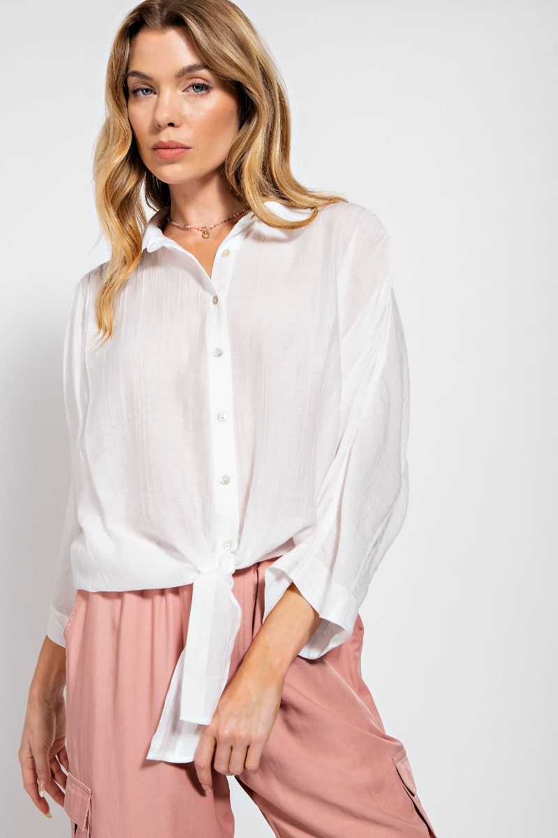 Easel Crinkled Collared Neck 3/4 Wide Sleeves Ruched Button Down Shirt