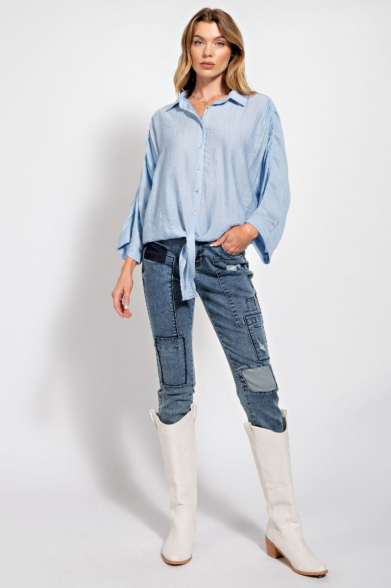 Easel Crinkled Collared Neck 3/4 Wide Sleeves Ruched Button Down Shirt - Roulhac Fashion Boutique