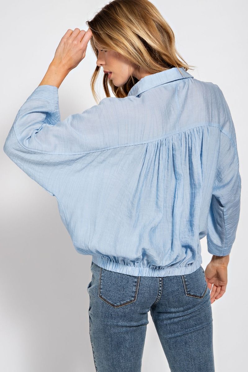 Easel Crinkled Collared Neck 3/4 Wide Sleeves Ruched Button Down Shirt - Roulhac Fashion Boutique