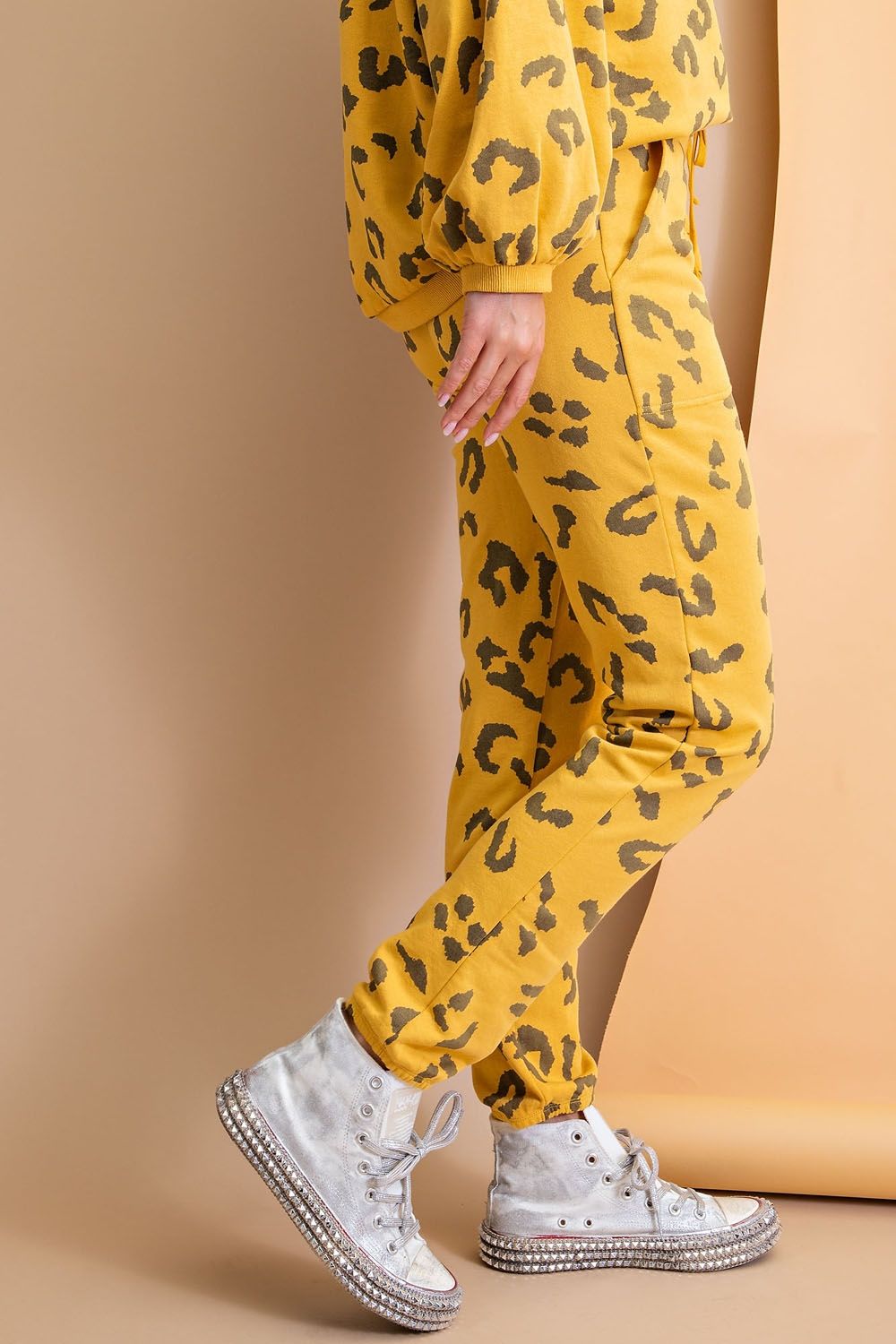 Easel Animal Print Terry Knit Washed Cuffed Hem Jogger Sweat Pants - Roulhac Fashion Boutique