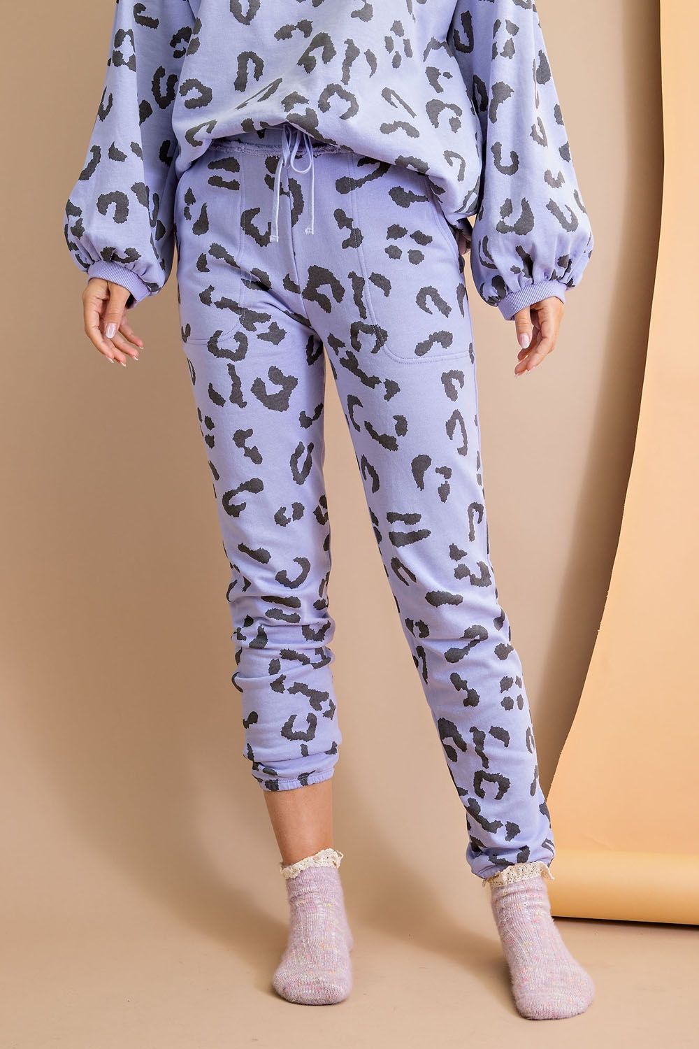 Easel Animal Print Terry Knit Washed Cuffed Hem Jogger Sweat Pants - Roulhac Fashion Boutique