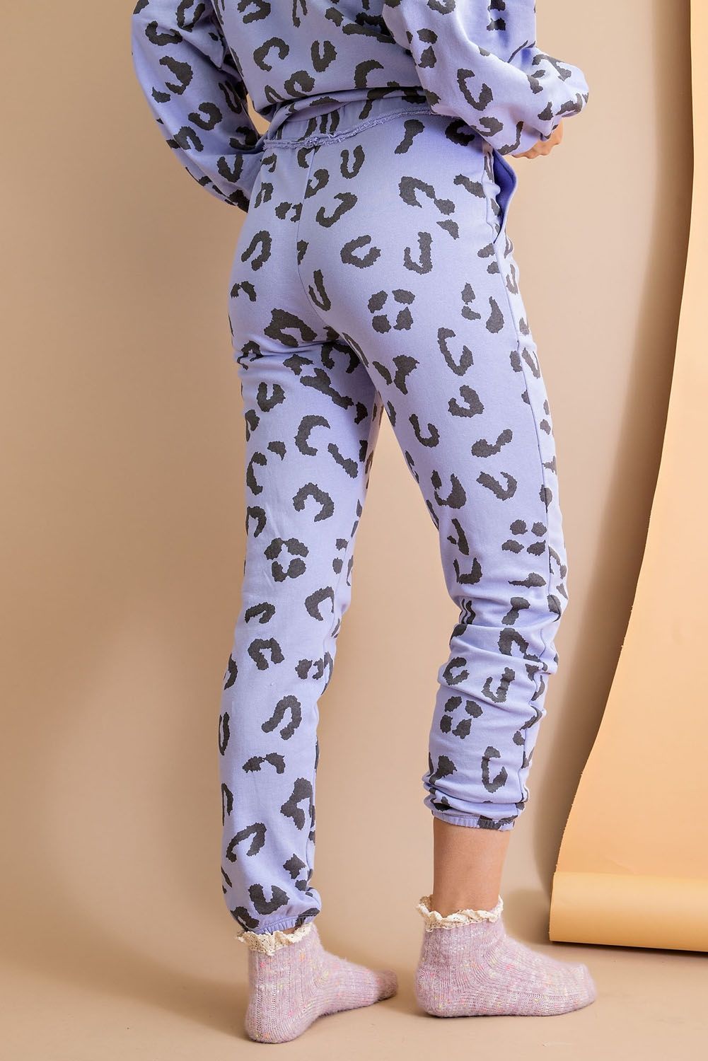 Easel Animal Print Terry Knit Washed Cuffed Hem Jogger Sweat Pants - Roulhac Fashion Boutique