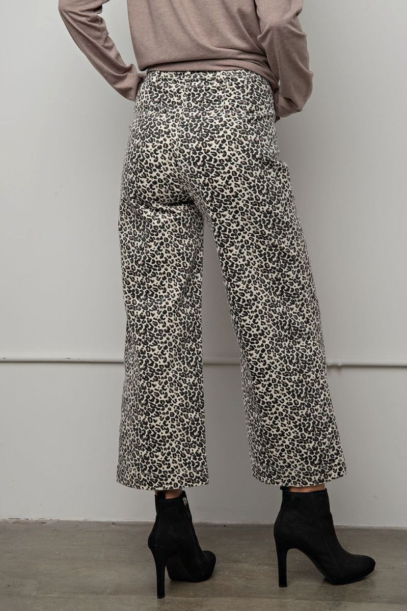 Easel Leopard Printed Corduroy Ankle Length Straight Cut Wide Legs Pants - Roulhac Fashion Boutique