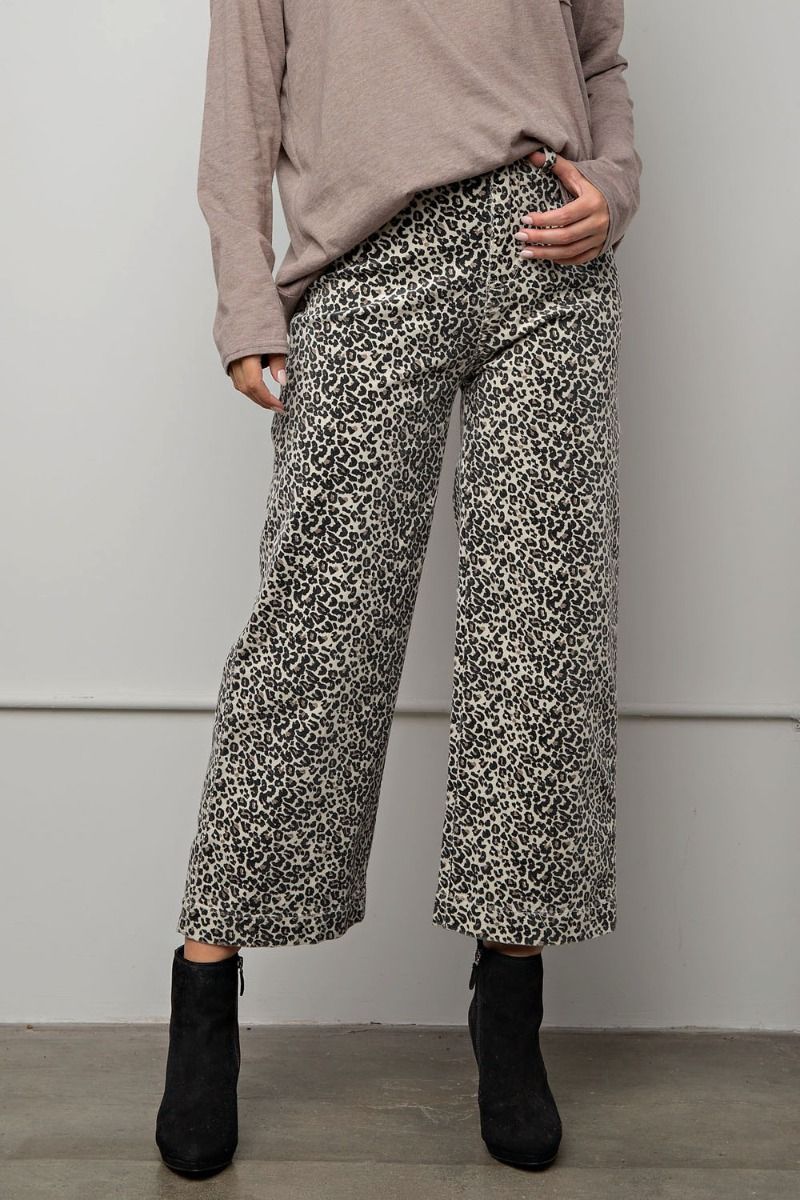Easel Leopard Printed Corduroy Ankle Length Straight Cut Wide Legs Pants - Roulhac Fashion Boutique