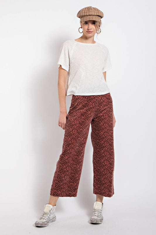 Easel Leopard Printed Corduroy Ankle Length Straight Cut Wide Legs Pants - Roulhac Fashion Boutique