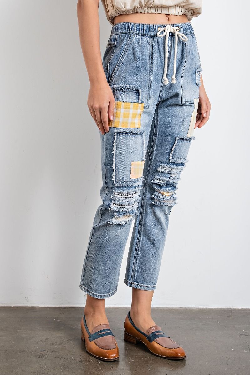 Easel Patchworks Detailing Washed Denim Banded Waist Washed Denim Pants - Roulhac Fashion Boutique