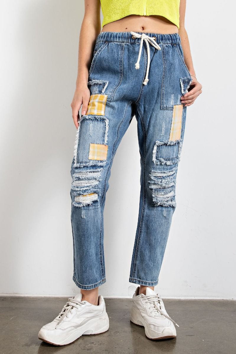 Easel Patchworks Detailing Washed Denim Banded Waist Washed Denim Pants - Roulhac Fashion Boutique