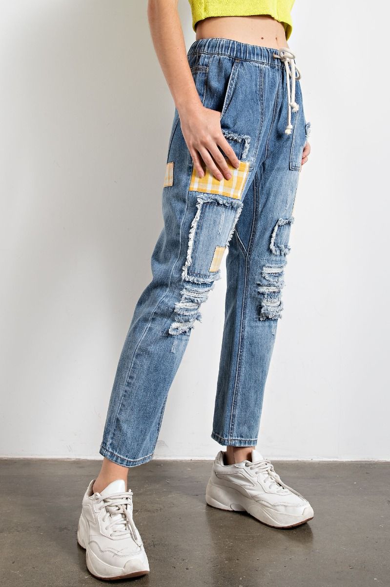 Easel Patchworks Detailing Washed Denim Banded Waist Washed Denim Pants - Roulhac Fashion Boutique