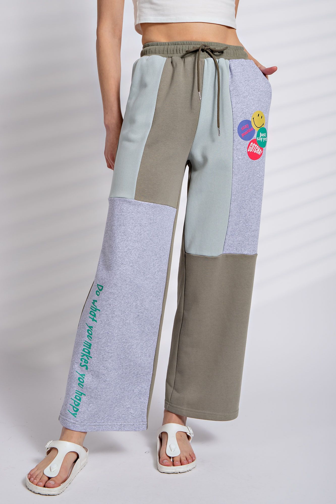 Easel Color Block Drawstring Waist Terry Lounge Wide Legs Pants - Roulhac Fashion Boutique