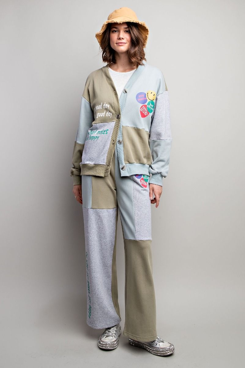 Easel Color Block Drawstring Waist Terry Lounge Wide Legs Pants - Roulhac Fashion Boutique