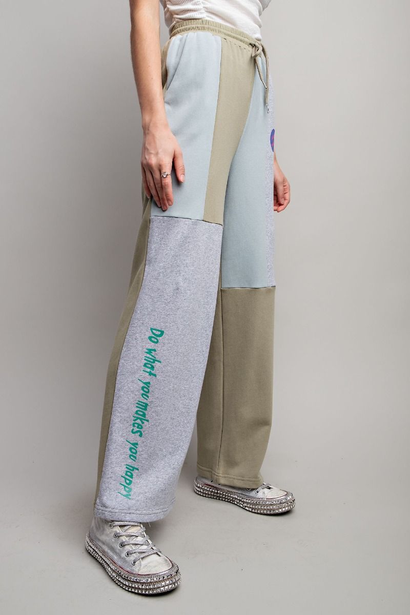 Easel Color Block Drawstring Waist Terry Lounge Wide Legs Pants - Roulhac Fashion Boutique