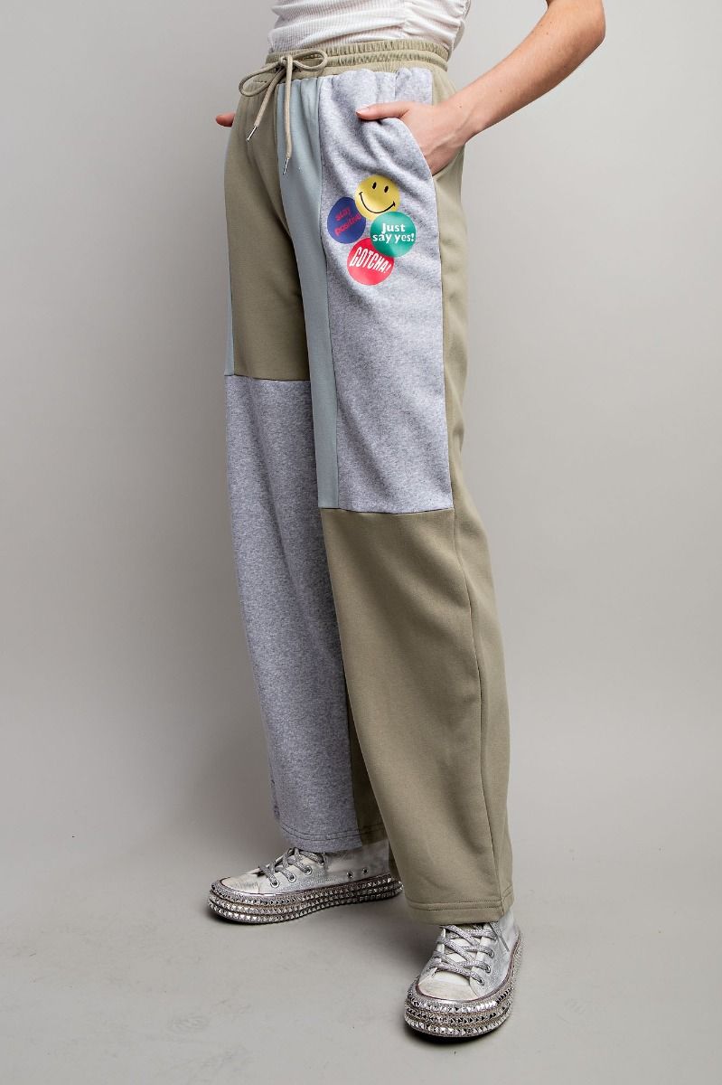 Easel Color Block Drawstring Waist Terry Lounge Wide Legs Pants - Roulhac Fashion Boutique