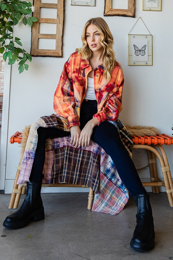 Oli & Hali Washed Plaid Mix Shirt Duster Jacket
