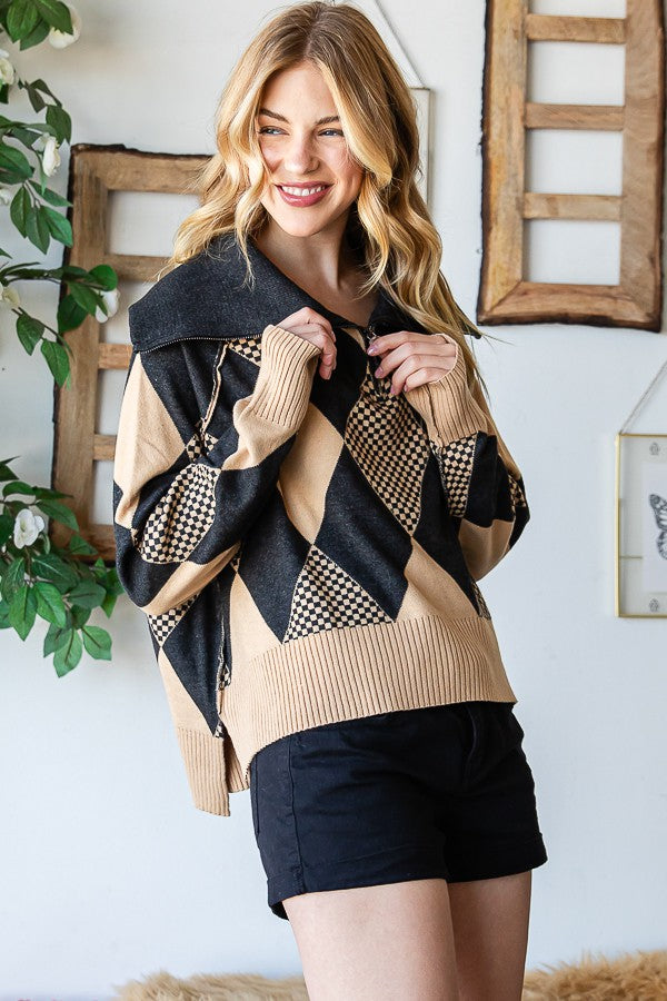 Oli & Hali Argyle Half Zip Up Pullover Sweater Top