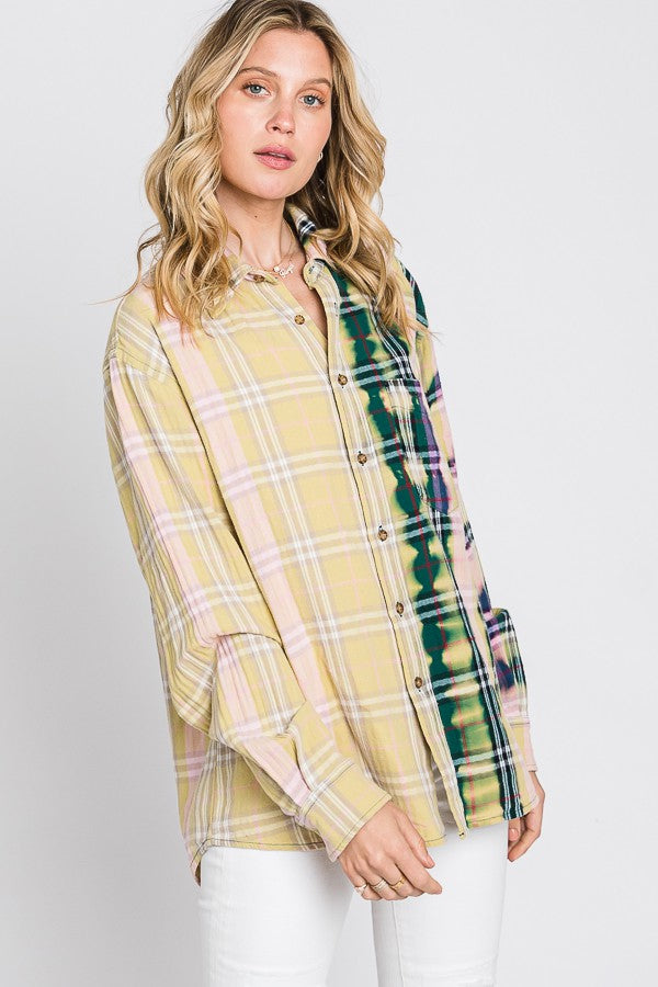 Oli & Hali Bleached Detail Front Pocket Plaids Top