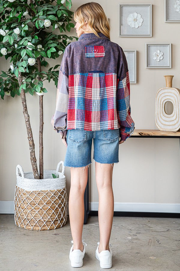 Oli & Hali Washed Plaid Mix Shirt Top