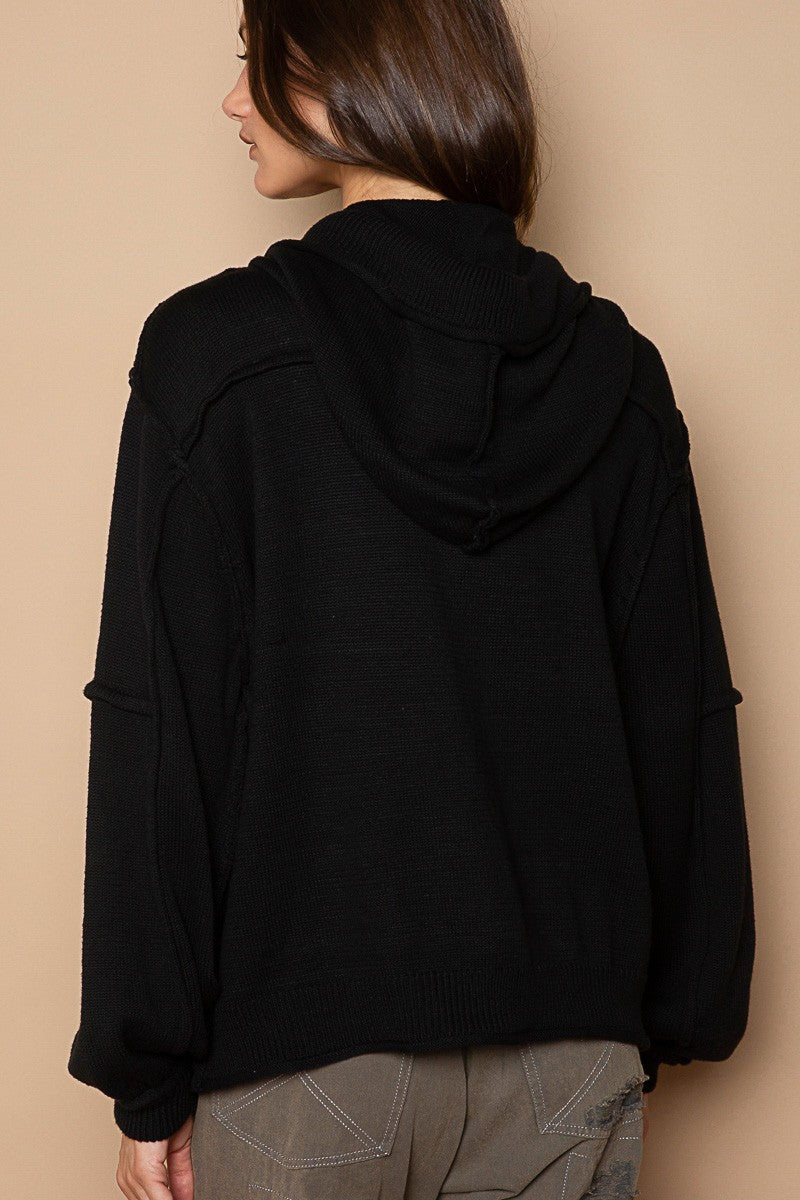 POL Hooded Zipper Balloon Sleeves Hacci Jacket Sweater Top