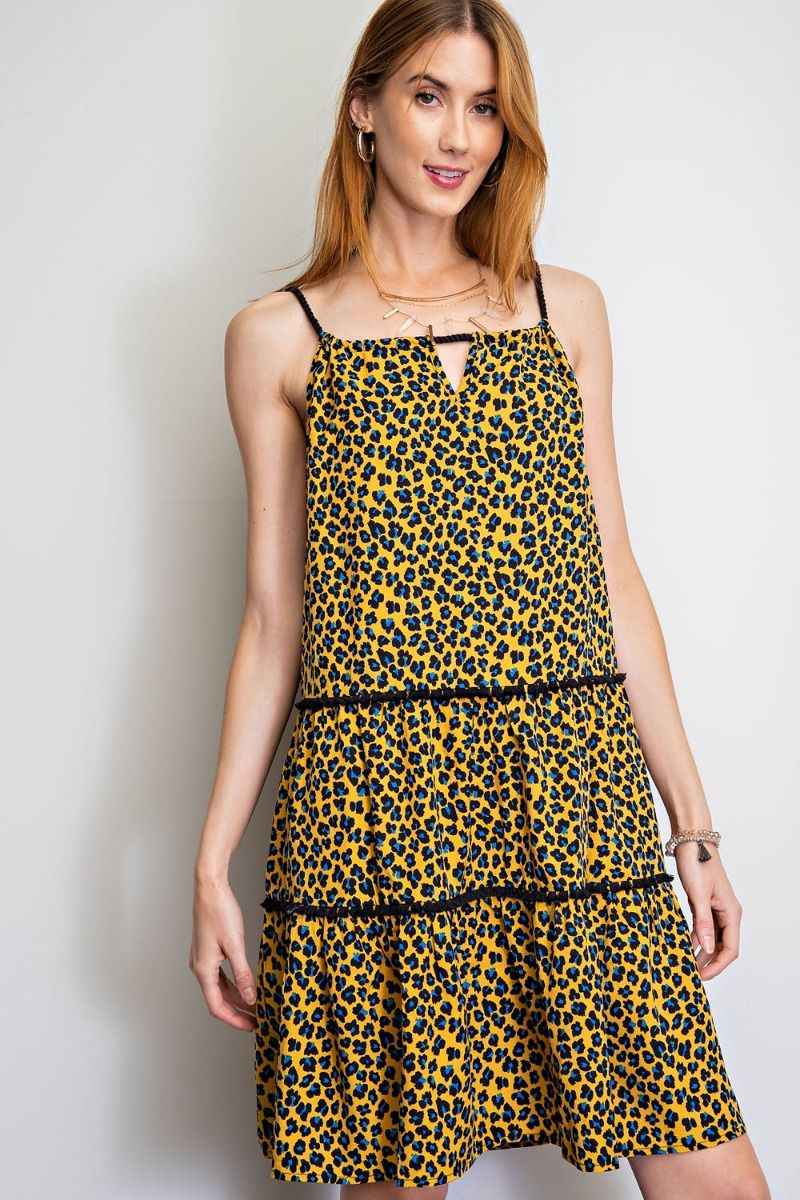 Easel Animal Printed Rope Detail Tie Rayon Crepe Ruffled Dress - Roulhac Fashion Boutique