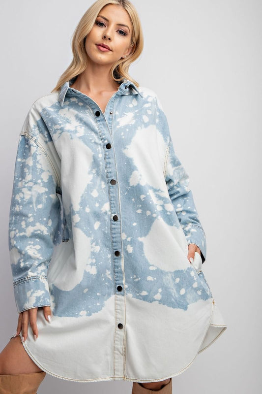 Easel Cloud Long Sleeve Button Down Side Pockets Relaxed Fit Dress - Roulhac Fashion Boutique