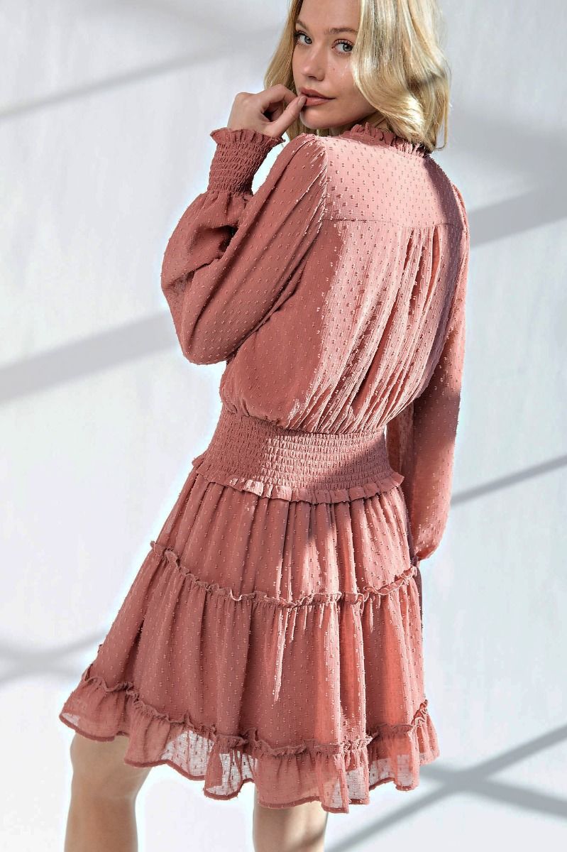 Easel Chiffon Tie Closure Neck Smocked Tie Ruffle Waist Dress - Roulhac Fashion Boutique