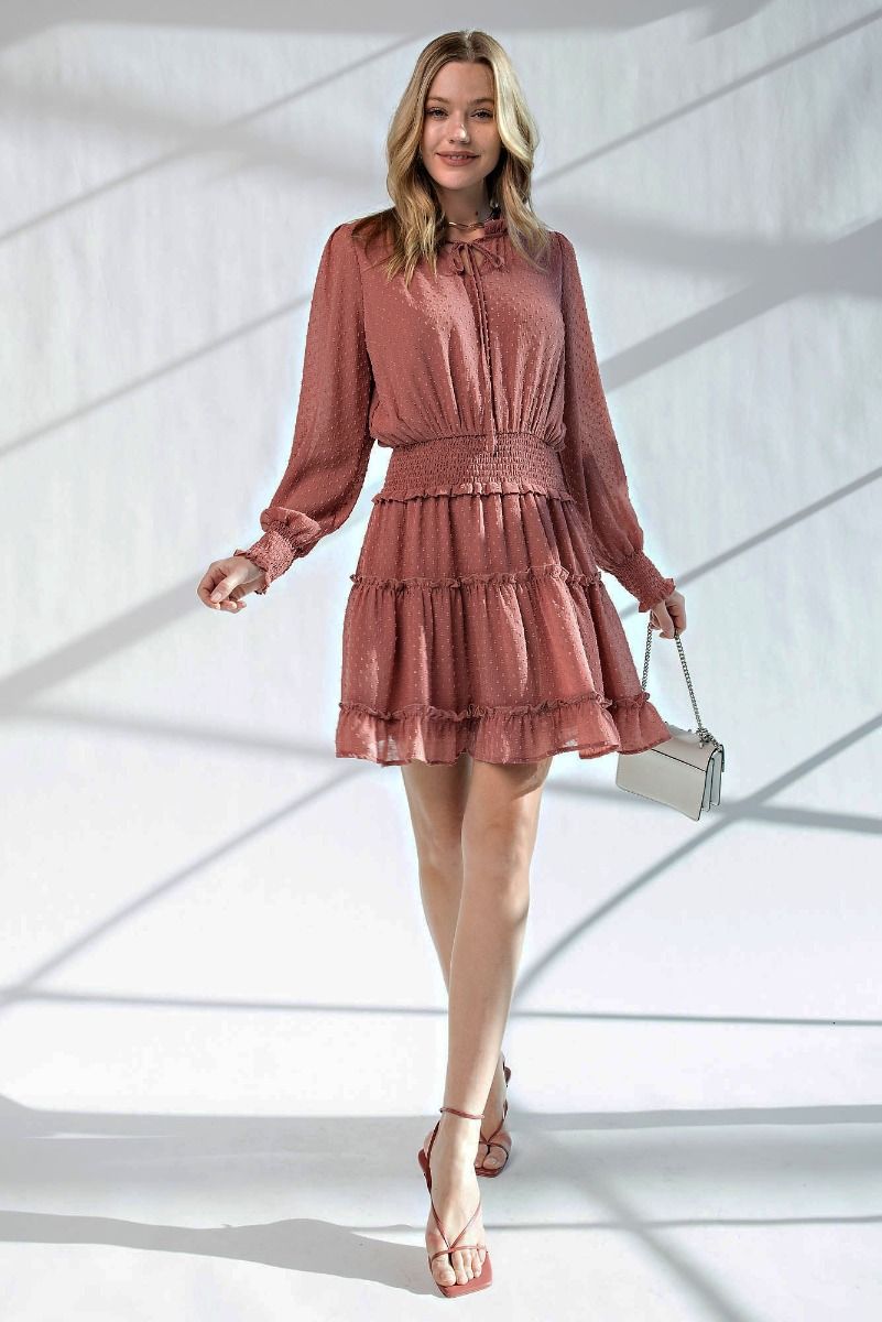 Easel Chiffon Tie Closure Neck Smocked Tie Ruffle Waist Dress - Roulhac Fashion Boutique