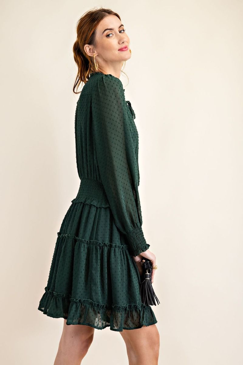 Easel Chiffon Tie Closure Neck Smocked Tie Ruffle Waist Dress - Roulhac Fashion Boutique