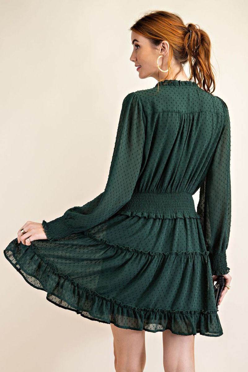 Easel Chiffon Tie Closure Neck Smocked Tie Ruffle Waist Dress - Roulhac Fashion Boutique