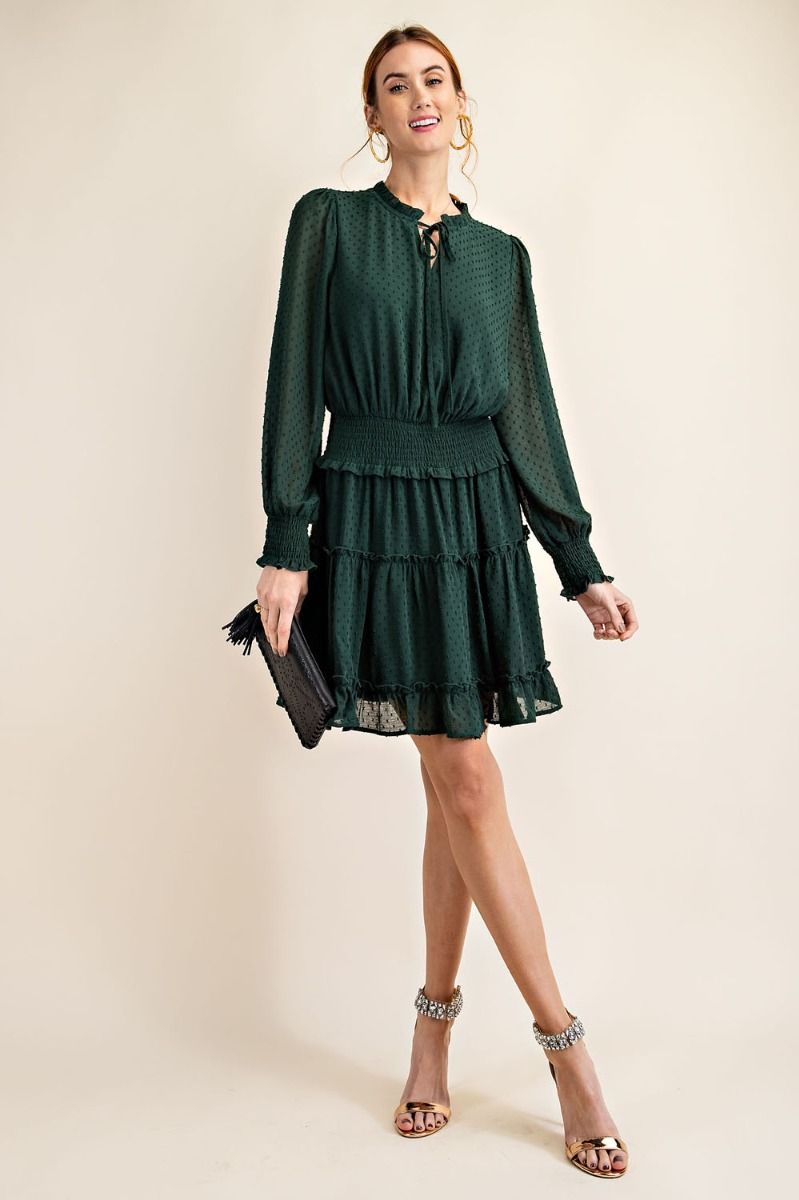 Easel Chiffon Tie Closure Neck Smocked Tie Ruffle Waist Dress - Roulhac Fashion Boutique