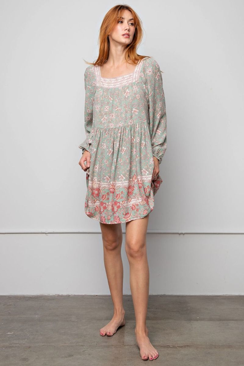 Easel All Over Floral Print Border Square Neckline Flowy Midi Dress - Roulhac Fashion Boutique