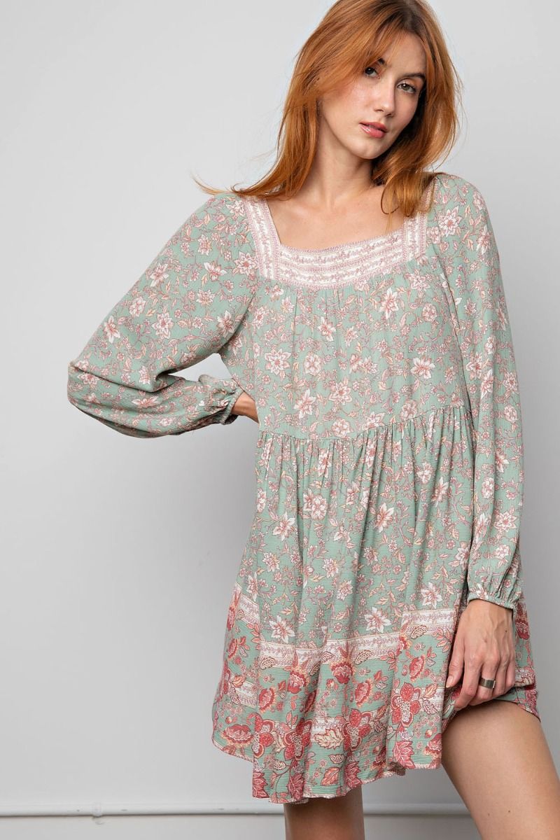 Easel All Over Floral Print Border Square Neckline Flowy Midi Dress - Roulhac Fashion Boutique