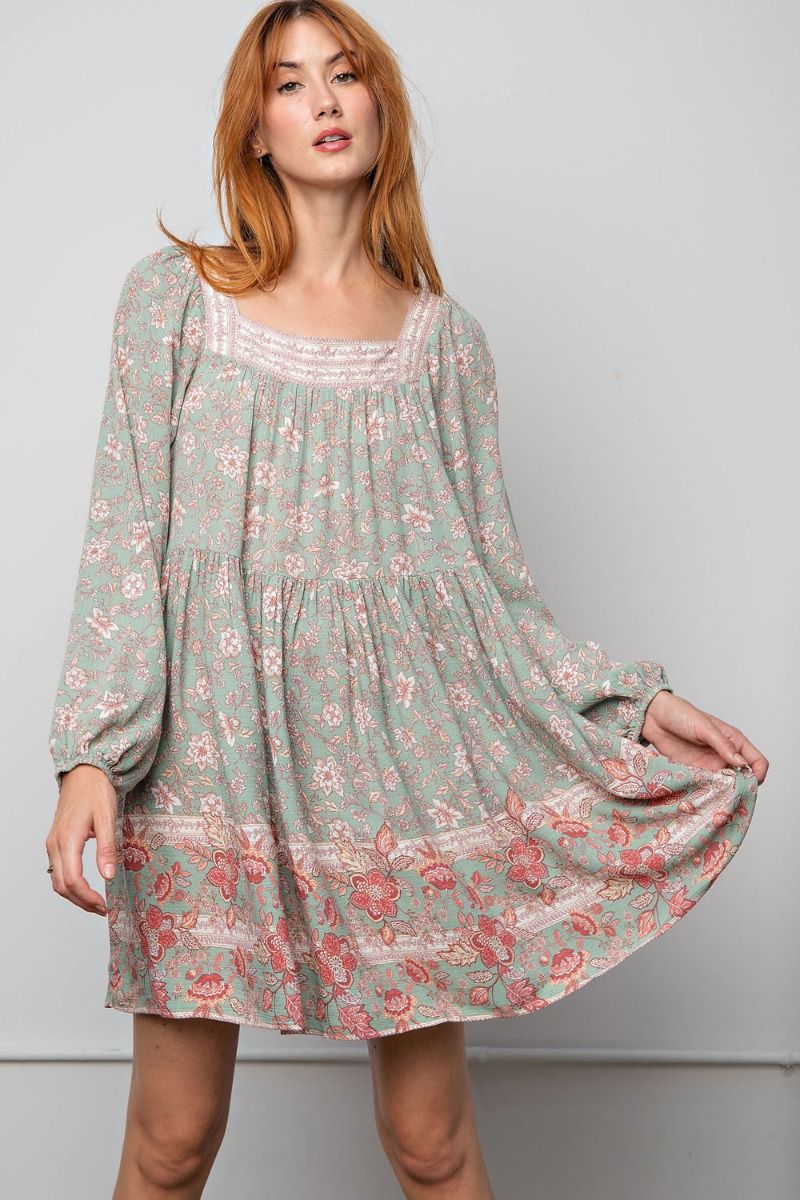 Easel All Over Floral Print Border Square Neckline Flowy Midi Dress - Roulhac Fashion Boutique