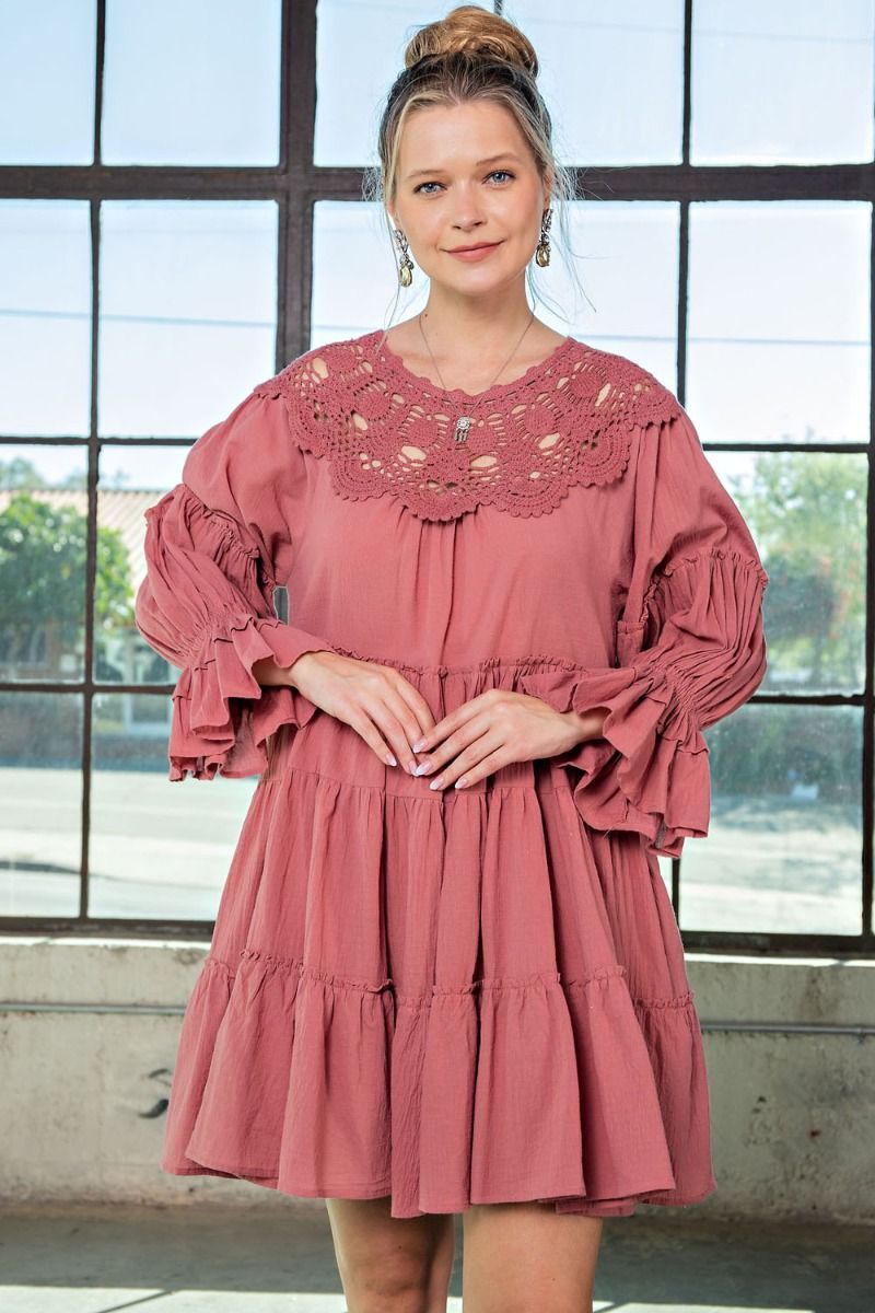 Easel Crochet Lace Cotton Gauze Ruffled Loose Fit Pleated Dress - Roulhac Fashion Boutique