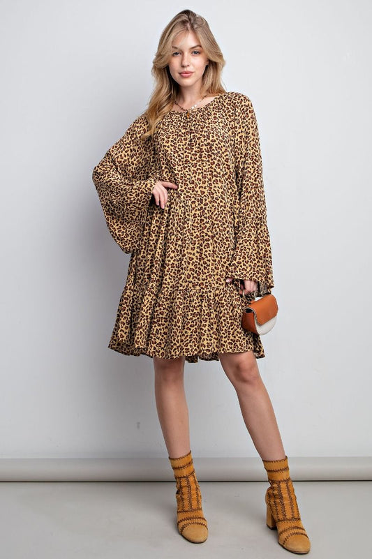 Easel Animal Printed Tiered Ruffle Bottom Loose Fit Keyhole Dress - Roulhac Fashion Boutique