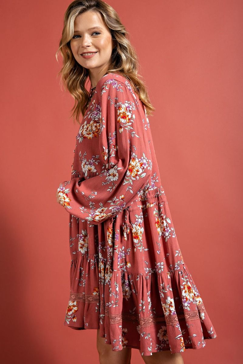 Easel Antique Rose Floral Printed V Neck Ruffled Bottom Rayon Gauze Mini Dress - Roulhac Fashion Boutique