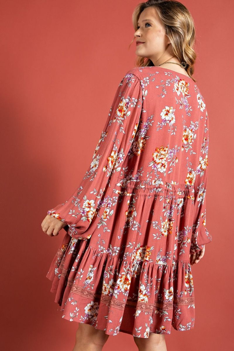 Easel Antique Rose Floral Printed V Neck Ruffled Bottom Rayon Gauze Mini Dress - Roulhac Fashion Boutique