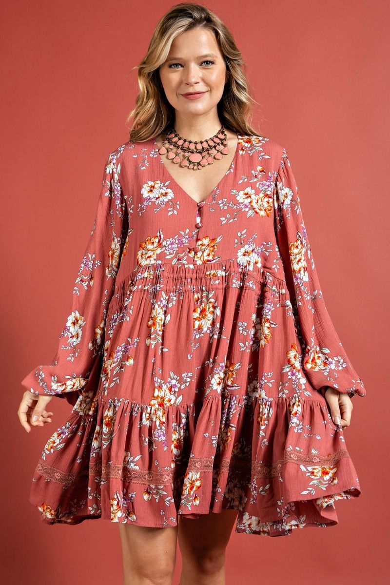 Easel Antique Rose Floral Printed V Neck Ruffled Bottom Rayon Gauze Mini Dress - Roulhac Fashion Boutique