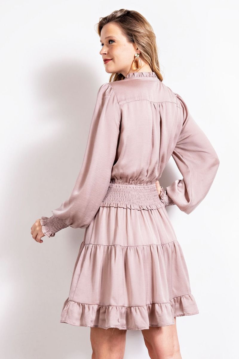 Easel Dull Satin Ruffled Smocked Cuffs Tiered Ruffle Skirt Mini Dress - Roulhac Fashion Boutique