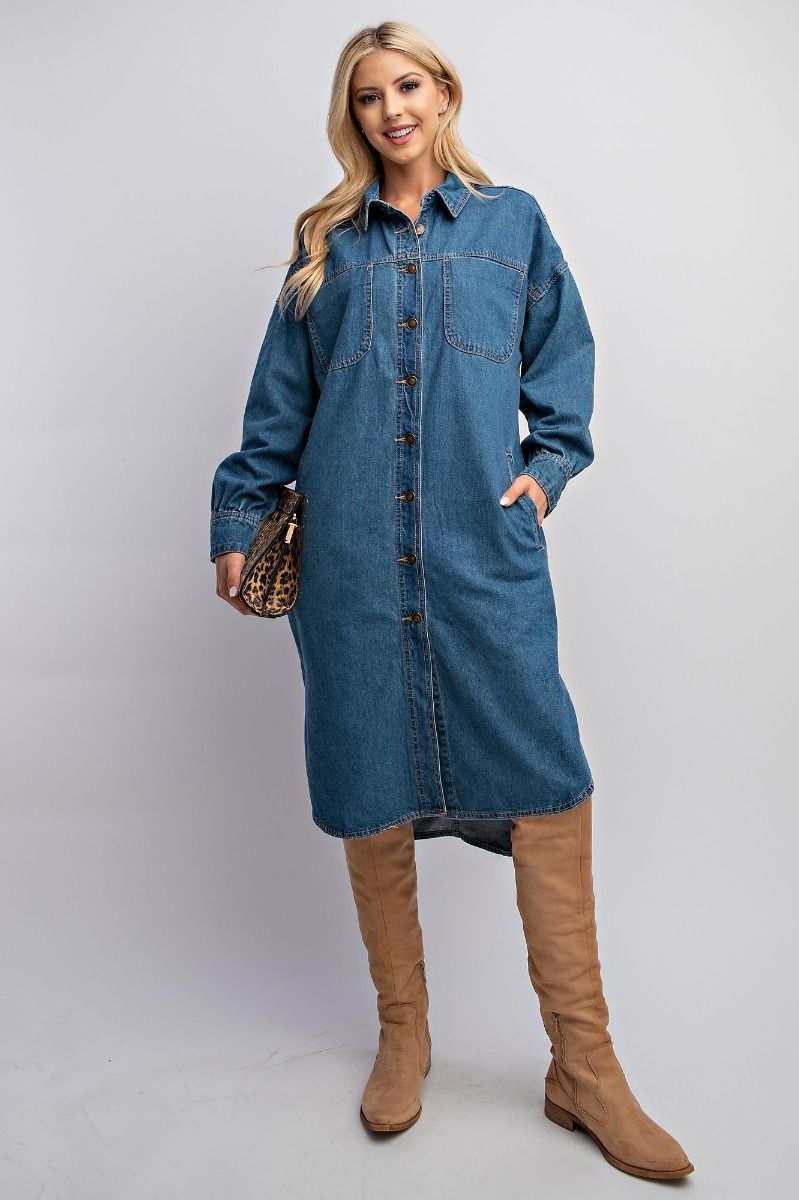 Easel Collared Button Down Washed Chest Patch Pockets Shirt Dress - Roulhac Fashion Boutique