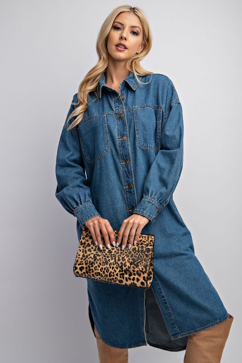 Easel Collared Button Down Washed Chest Patch Pockets Shirt Dress - Roulhac Fashion Boutique