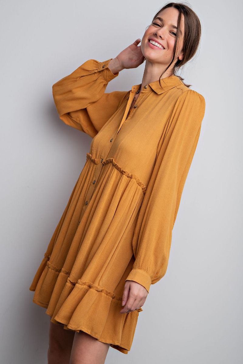 Easel Collared Neck Button Down Shirt Ruffled Bottom Hem Buttoned Dress - Roulhac Fashion Boutique