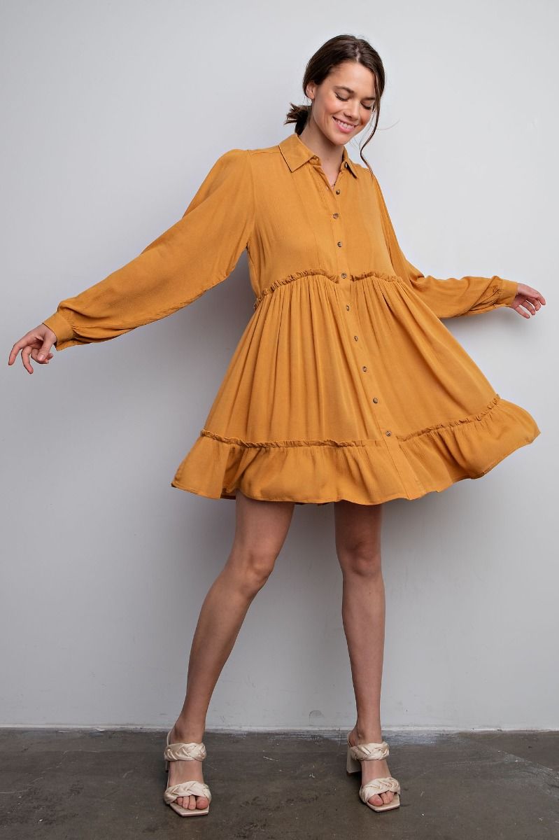 Easel Collared Neck Button Down Shirt Ruffled Bottom Hem Buttoned Dress - Roulhac Fashion Boutique