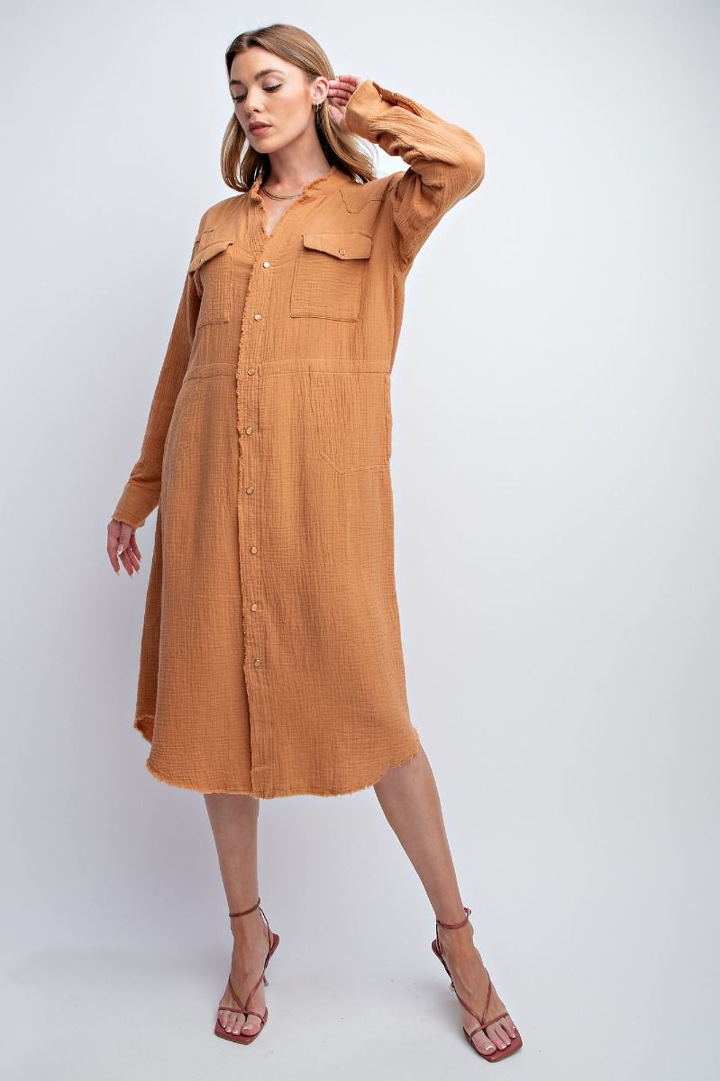 Easel Chest Flap Pocket Cotton Gauze Button Down Front Shirt Slouchy Dress - Roulhac Fashion Boutique