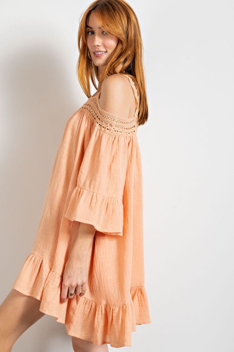 Easel Cotton Gauze Cold Shoulder Neckline Crochet Lace Midi Dress - Roulhac Fashion Boutique