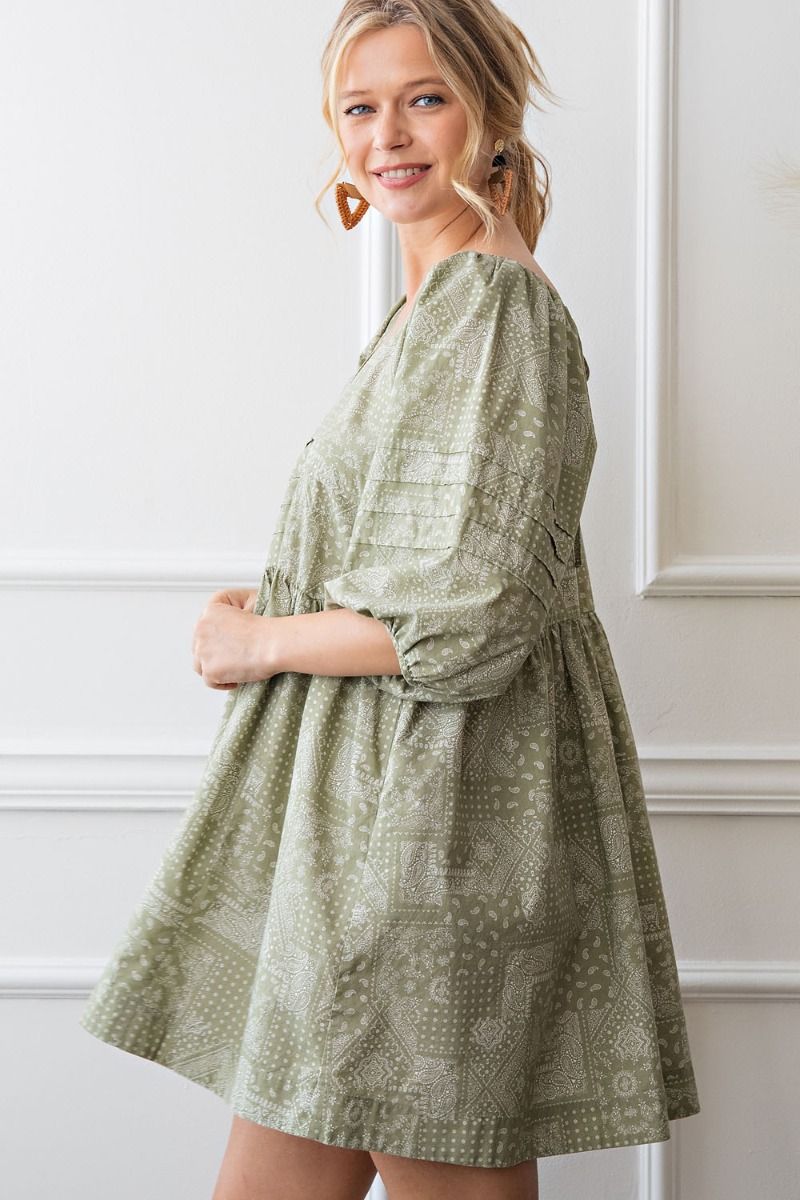 Easel Bandana Printed V Neckline Loose Fit Half Bubble Sleeves Dress - Roulhac Fashion Boutique