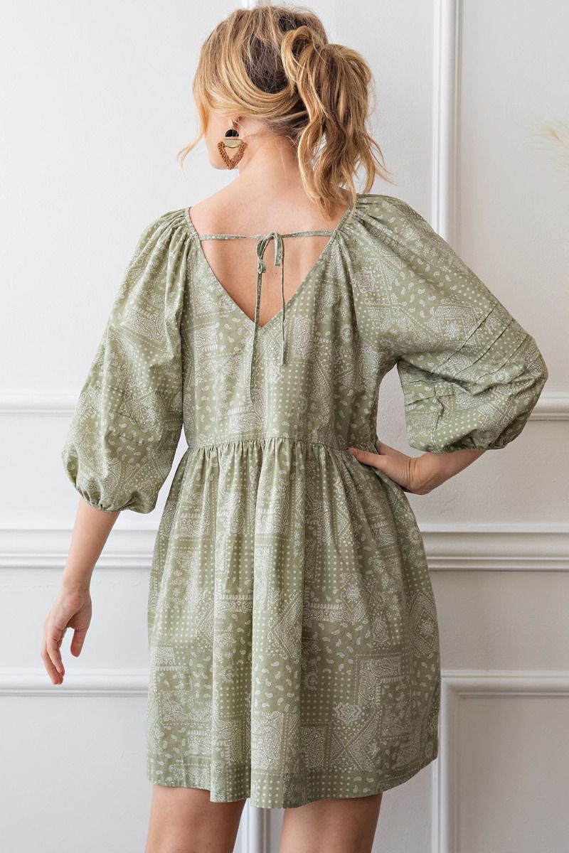 Easel Bandana Printed V Neckline Loose Fit Half Bubble Sleeves Dress - Roulhac Fashion Boutique